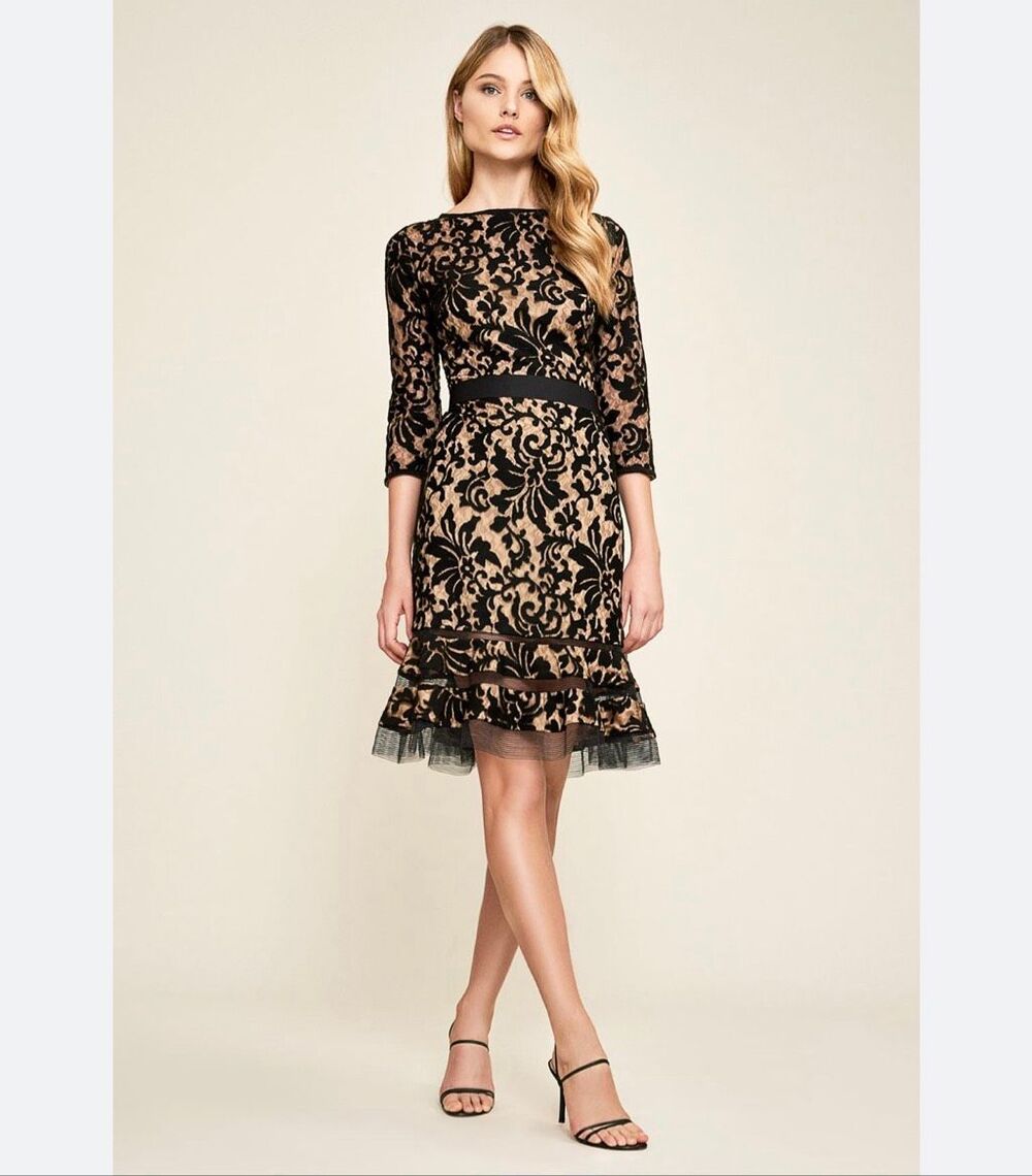 Tadashi Shoji Black Nude Lace Illusion Ruffle Cocktail Dress 4P Petite